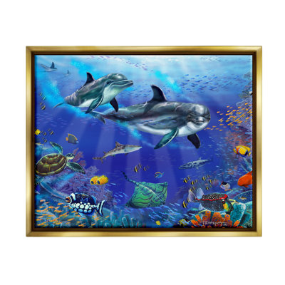 «Dovecove Underwater Sea Life Scene Dolphins», art mural encadré par Floater