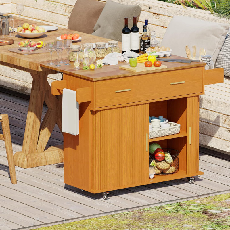 Îlot de cuisine roulant avec comptoir à abattants, rangement pour porte coulissante et roues verrouillables, Chêne jaune