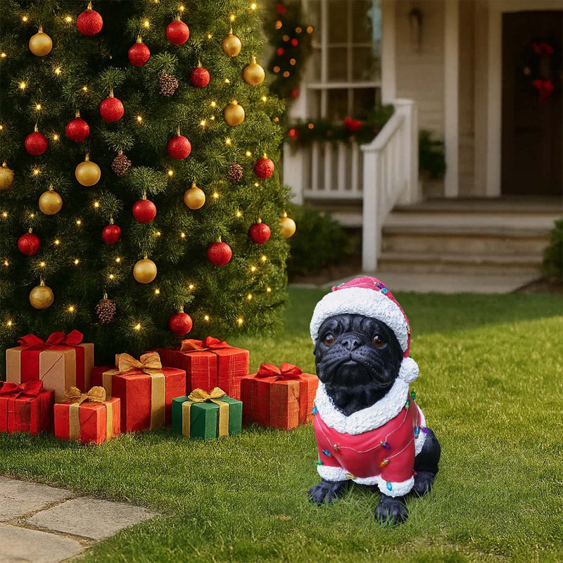 Statue de carlin festive en tenue du Père Noël, charmante figurine de chien pour les fêtes et la décoration saisonnière, Noir