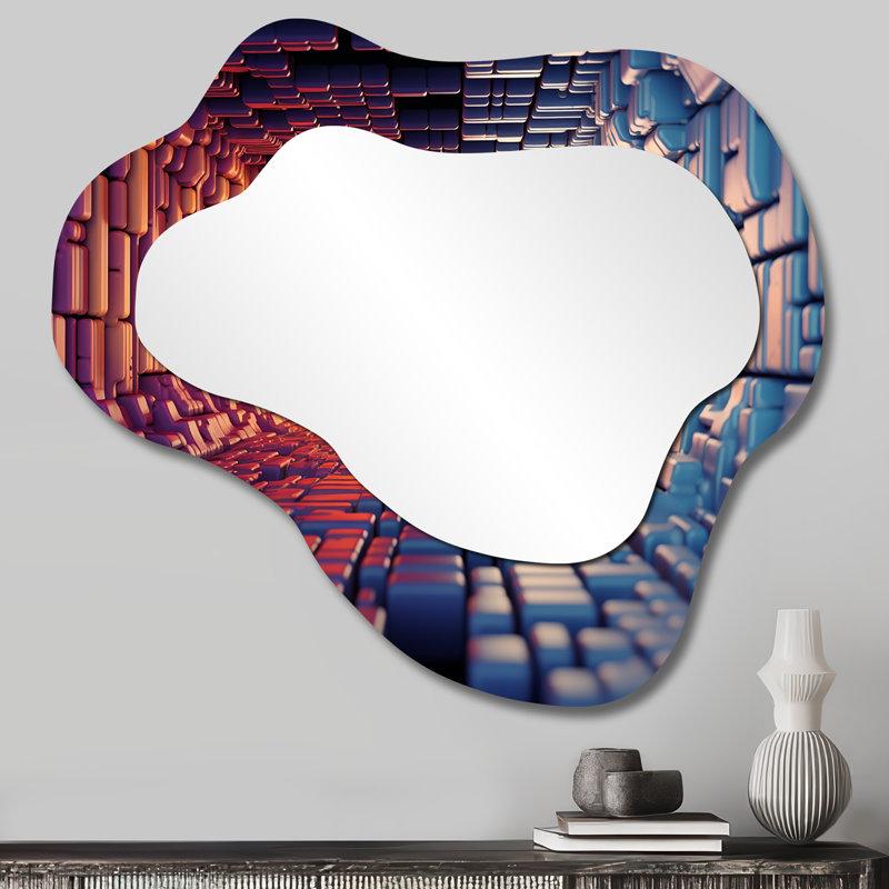 Linear Cubist Perspective Tunnel Abstract - City Asymmetrical Large Wall Mirror, Blue Cloud Decorative Mirror, Printed Metal Art