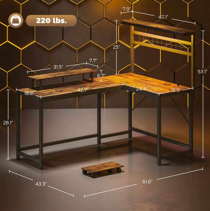 Computer Desk with Monitor Stand and CPU Shelf,L Shaped Gaming Desk with Power Outlets & LED Lights, Brown/Black