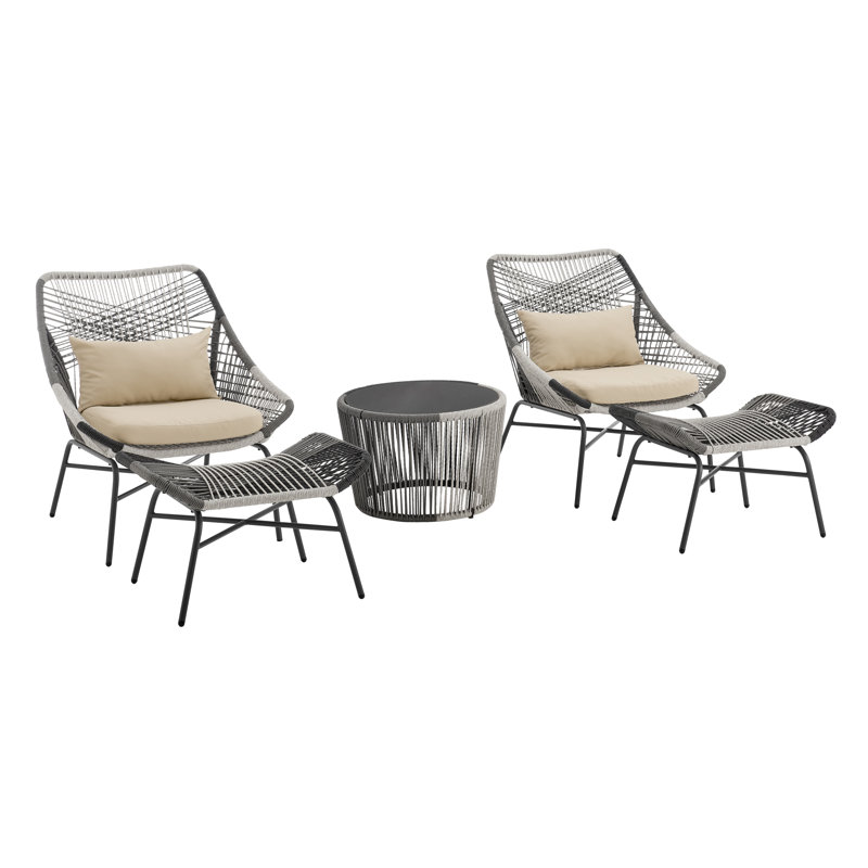 Ashland Modern 2-Person Patio Conversation Set with Ottomans and Table in Cream, Cream