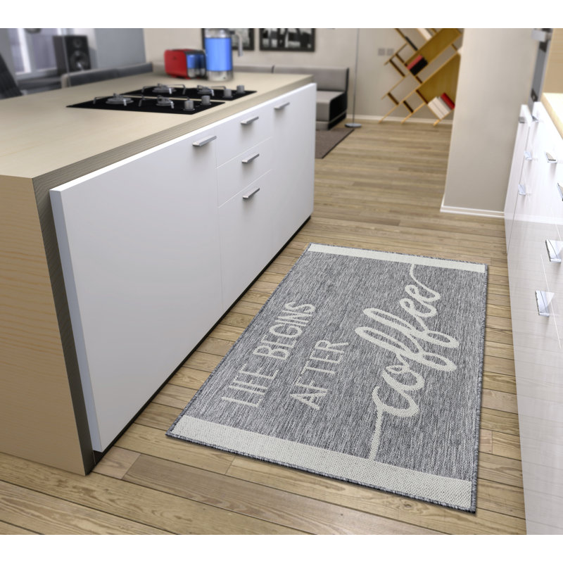 Life Begins After Coffee Grey/Brown/Blue Rug, Rectangle 92 x 150 cm