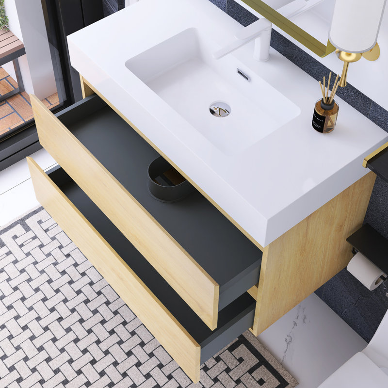 36 po W Meuble-lavabo mural simple avec lavabo blanc, Naturel
