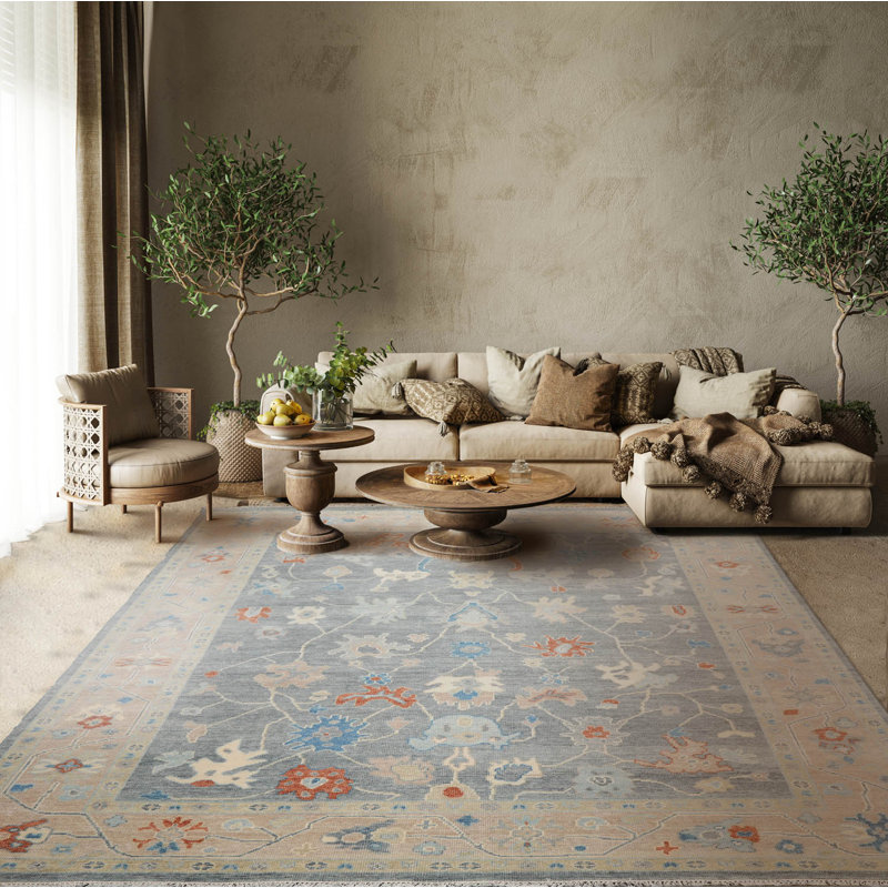 Handmade Ivory and Gray Wool Oriental 9' x 12' Rug