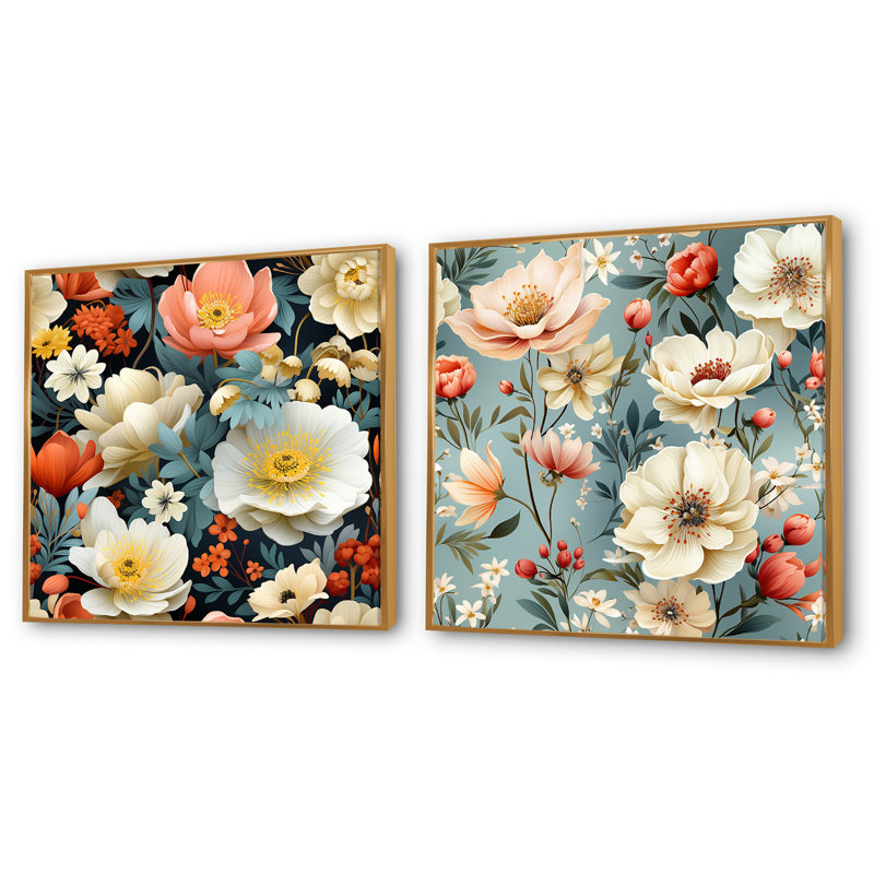 Randel - Ensemble de 2 collages carrés floraux, Cadre flottant doré, H 36 po x l 73 po