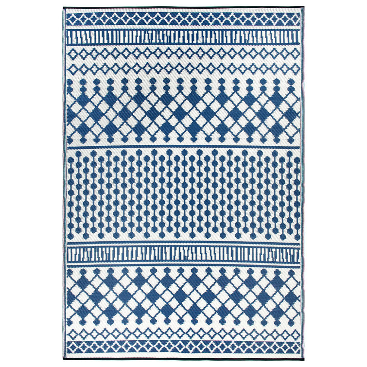 Ramveer Geometric Ivory/Blue Reversible Indoor/Outdoor Area Rug
