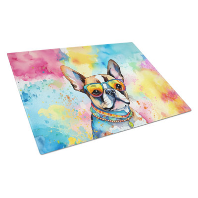 Boston Terrier Hippie Dawg Glass Cutting Board Large