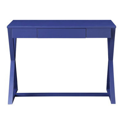 Bureau rectangulaire bleu crépuscule avec 1 tiroir et piètement en bois, plateau de 18 mm d'épaisseur, dimensions intérieures 43,2 cm (L) x 27,9 cm (P) x 5,1 cm (H), coulisses à extension 2/3, orientation anglaise recto verso, idéal pour les espaces de bureau.