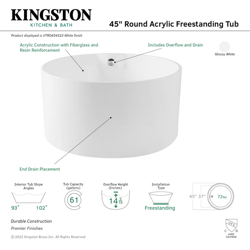 Baignoire autoportante ronde à double extrémité en acrylique Aqua Eden de 45 pouces avec drain Kingston Kingston