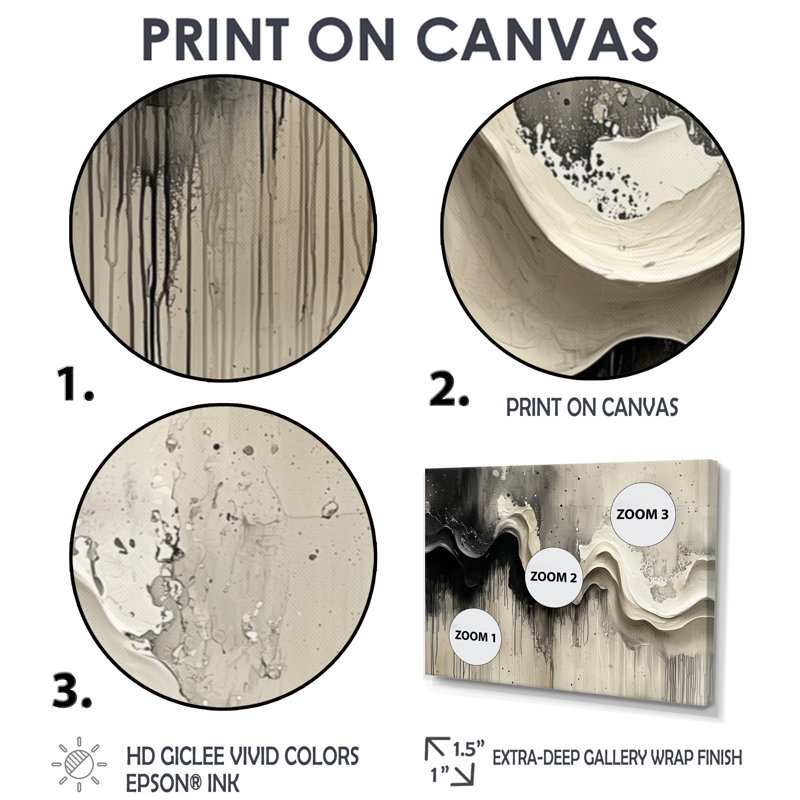 «Grey On White», art graphique sur toile «Abstract Modern Waves», H 24 po x l 32 po, Cadre flottant, Crème, crème