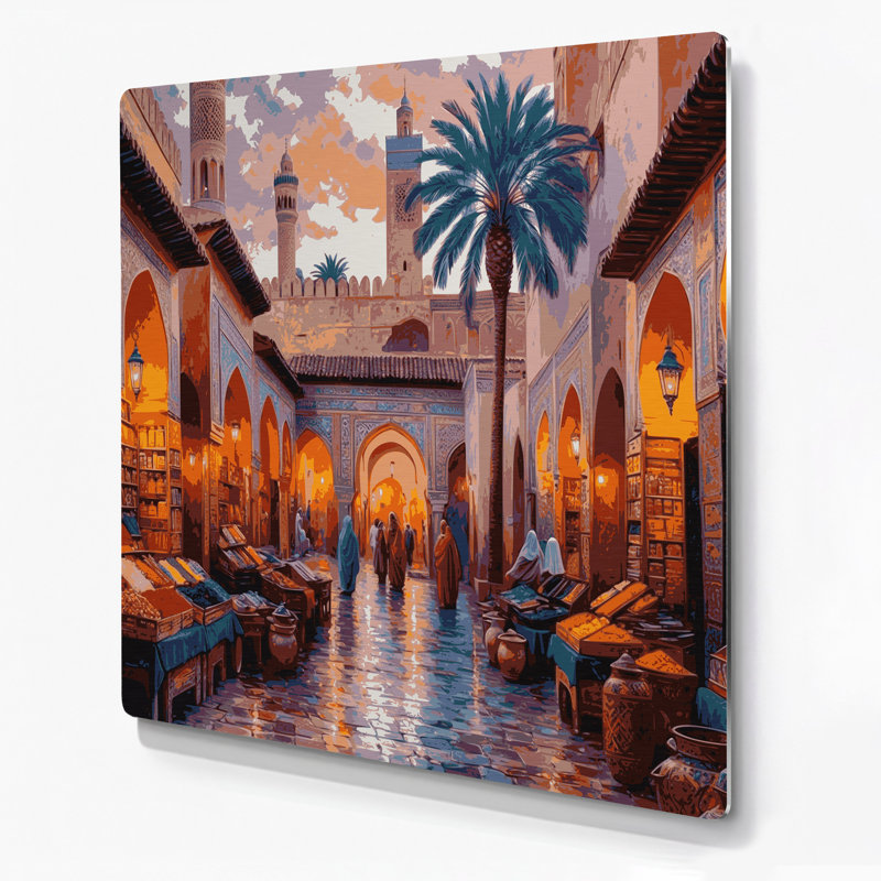 Art mural en métal brun avec villes marocaines, H 12 po x l 12 po