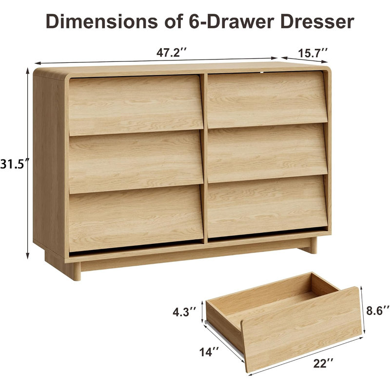 Commode 6 tiroirs, commode moderne en bois de 47,2 po avec poignées incurvées et à bord arrondi, commodes à grande capacité pour la chambre à coucher et le salon (2 colis)
