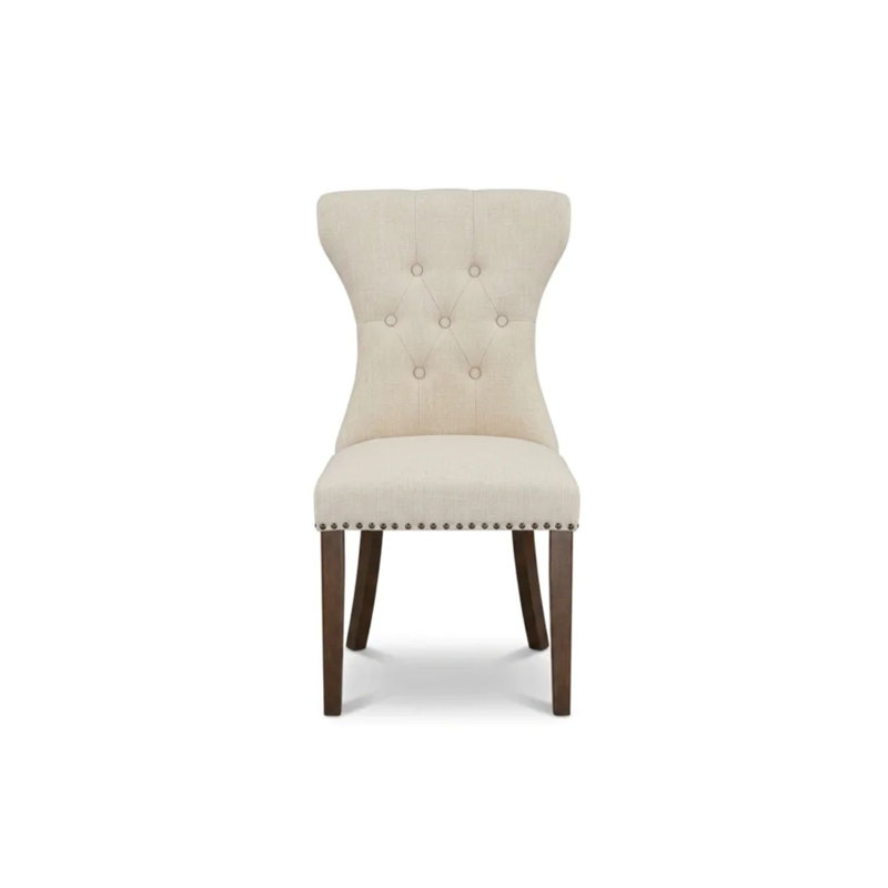 Ensemble de salle à manger rond 3 pièces en hévéa beige clair, tissu lin, avec table à pied centrale et chaises Parson capitonnées.