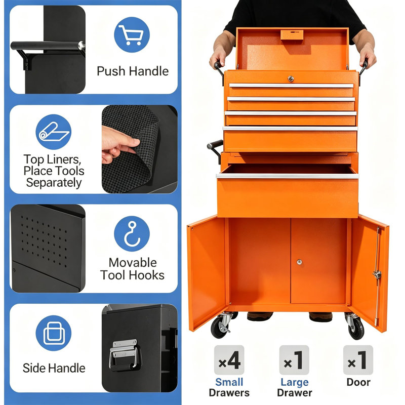 2-in-1 Detachable Rolling Tool Chest - 5-Drawer Metal Cabinet with Lockable Storage, Sliding Drawers & Liners, for Garage, Workshop, Warehouse (Orange)