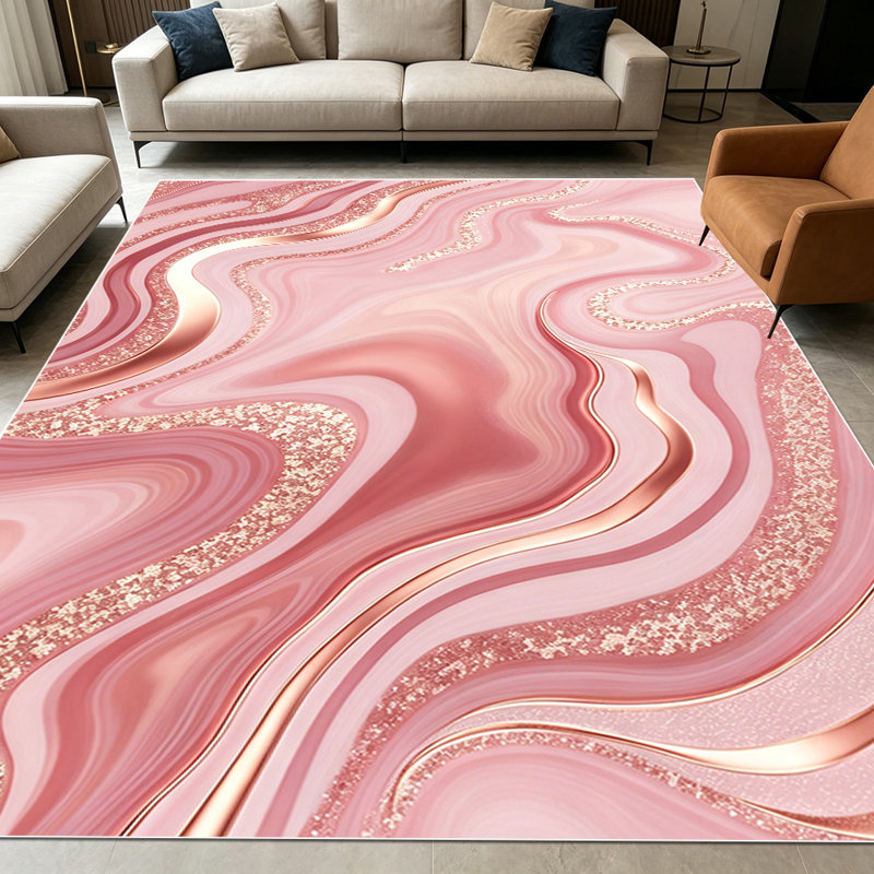 1PC Rose Gold Pink Glitter Liquid Marble Swirl area rugs for Living Room, Soft, All seasons, Easy-maintain, Washable Indoor mat, Farmhouse suitable for for dining table, bedroom bedside, entryway...