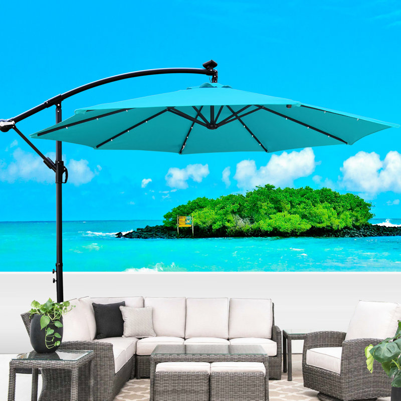 Parasol de terrasse solaire 10 pi - imperméable, 8 nervures robustes, manivelle, base transversale pour terrasse de jardin, piscine, base stable, terrasse, cour, bord de piscine