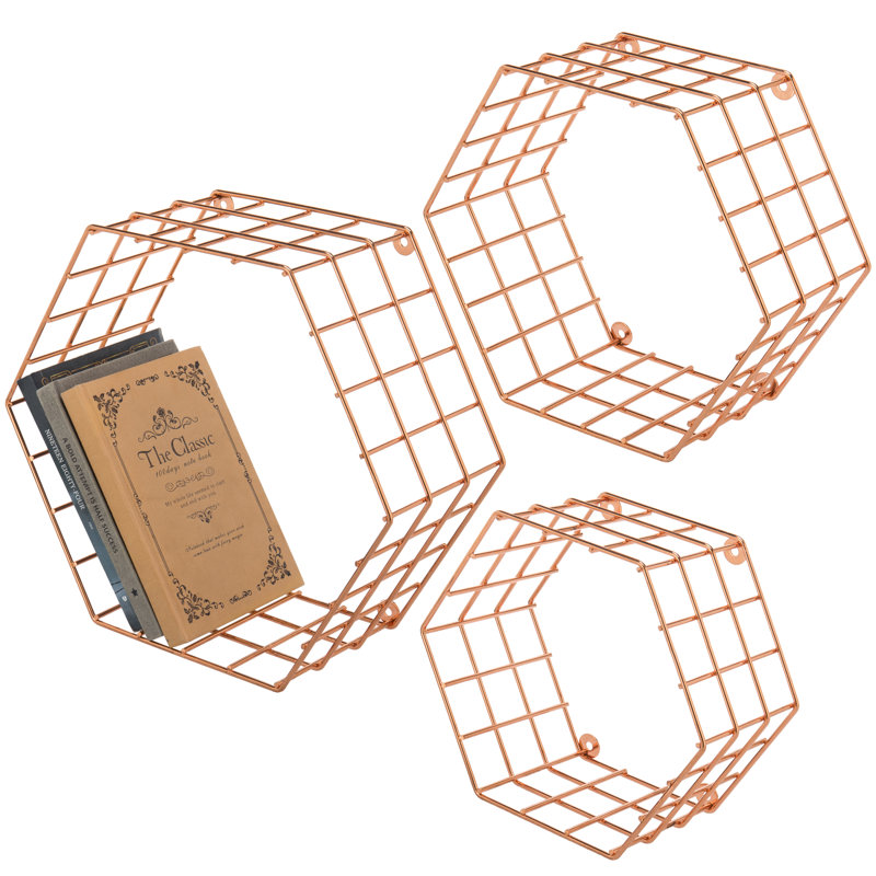 Mthimunye 3 Piece Hexagon Metal Floating Shelf, Copper