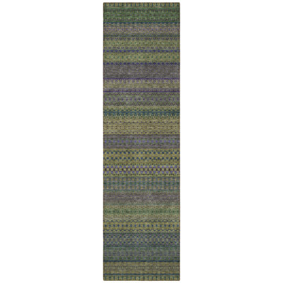 2' X 8' Olive Green Striped Washable Indoor Outdoor Runner Rug