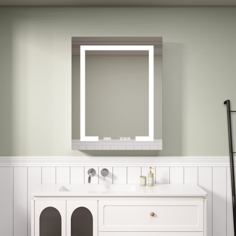 Armoire à pharmacie à DEL rectangulaire en aluminium argenté encastré / à fixation en surface de 24 po x H 30 po avec miroir et horloge