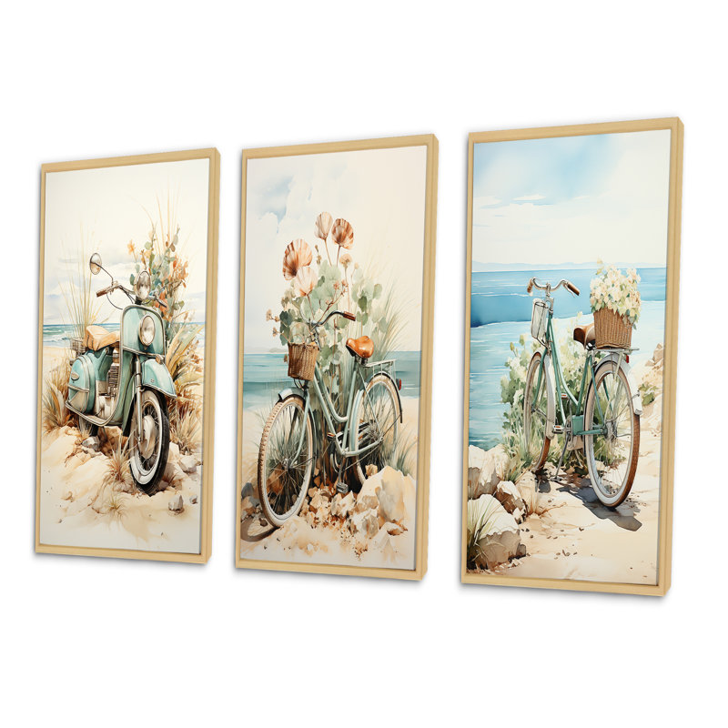 «Blue Moped On The Beach», 3 pièces, Cadre naturel flottant, H 32 po x l 48 po