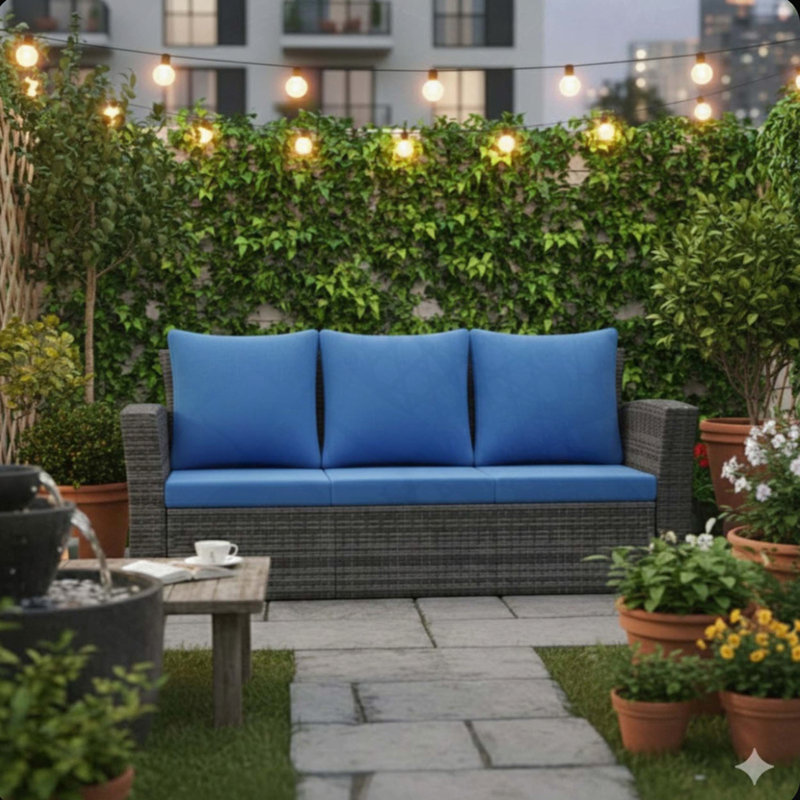 67.7" 3-Seat All-Weather Wicker Patio Sofa with Thick Blue Cushions, Black Frame, Blue