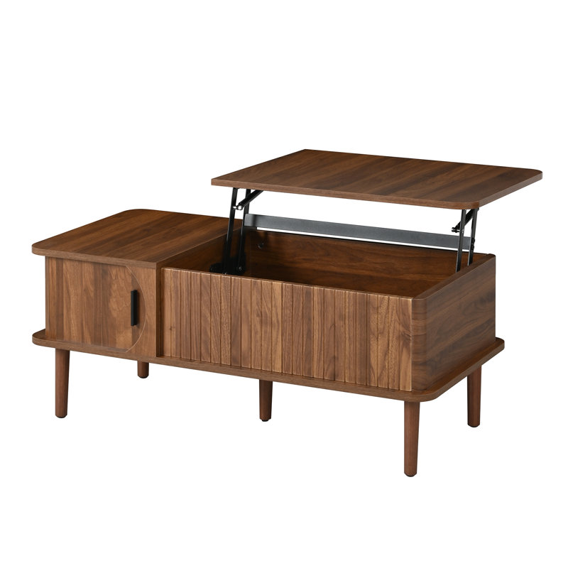 Retro Lift-Top Coffee Table with Sliding Door & Hidden Storage, Extendable MDF Desk with Wood Legs, Walnut