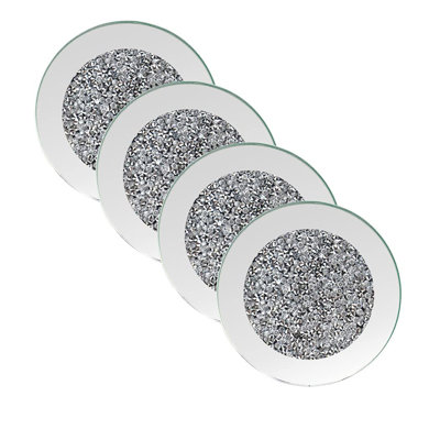 Ensemble de 4 sous-verres en verre à miroir avec motif de diamant concassé, 4 tasses décoratives pour table de salle à manger, bar et comptoir