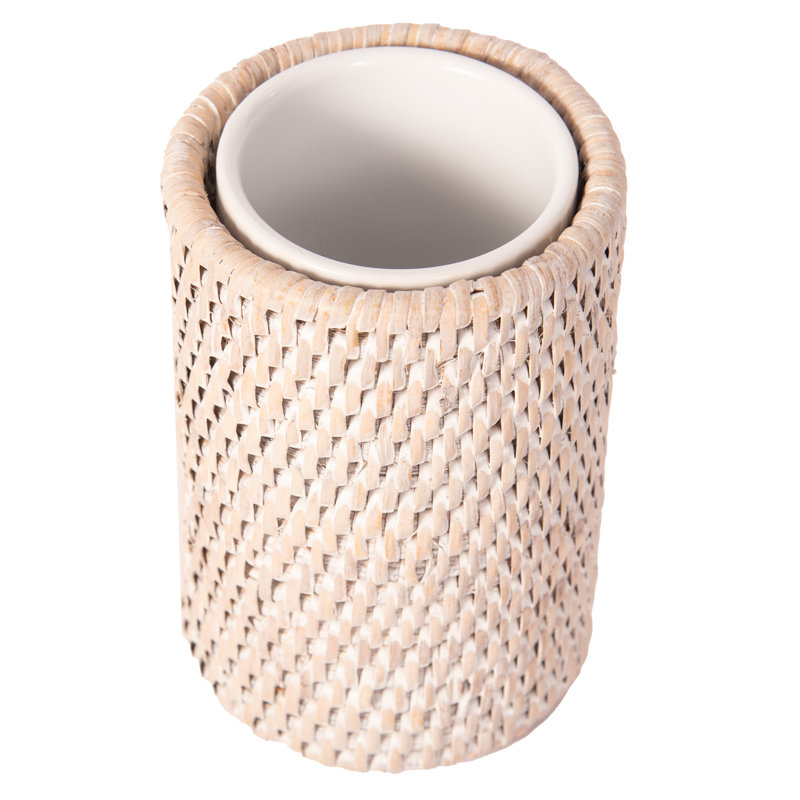 White Wash Ceramic Tumbler with Hand-Woven Rattan Exterior
