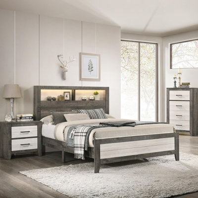 Table de chevet 1pc, finition bicolore, commode, rangement de chevet, deux tiroirs, poignée en métal, gris, beige