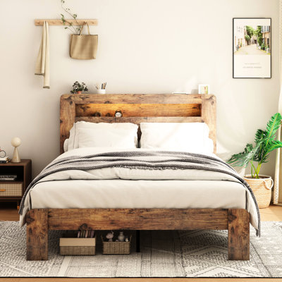 Full Size Wood Platform Bed Frame With Led Headboard, 2 , Noise , No Box Spring, Easy Assembly, Under Storage, Vintage Shelf Dark Brown Storage Standard Plug Outlets, Style,