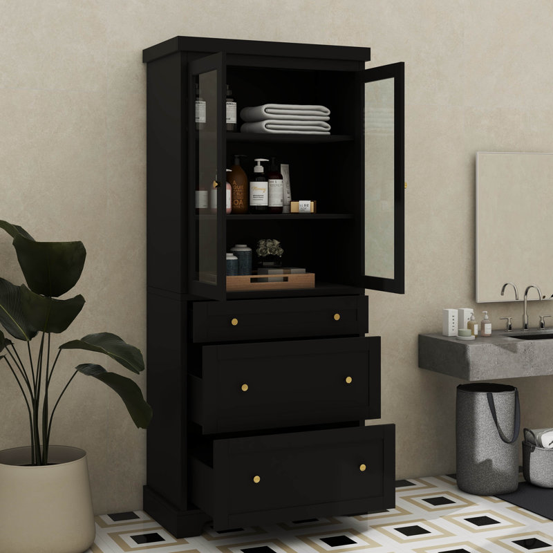 70.1 Inch Contemporary Tall Freestanding Bathroom Cabinet With 3 Drawers And Soft-Close Glass Doors, Black