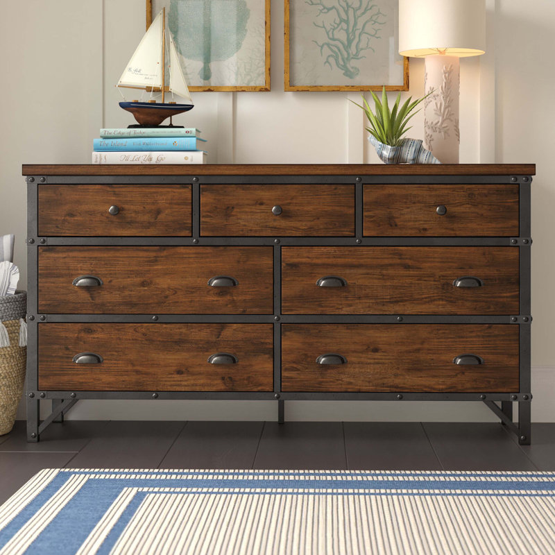 Meubles de chambre à coucher 1 pièce commode 7 tiroirs en bois brun rustique et bronze industriel
