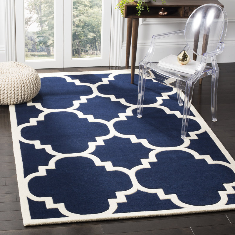 Carolene Geometric Handmade Tufted Wool Dark Blue/Ivory Area Rug, Rectangle 6' x 9'