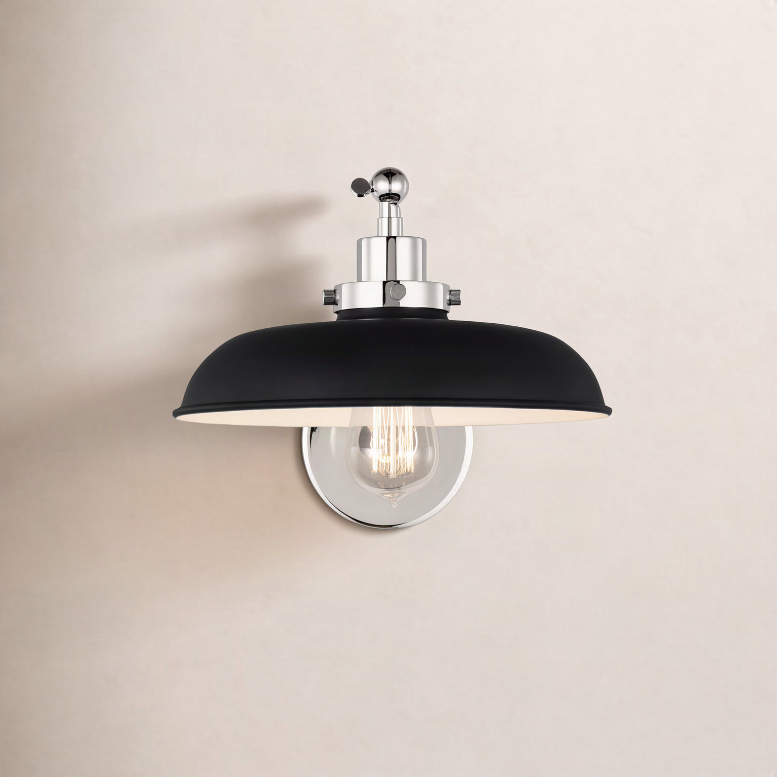 Single Light Dimmable Armed Sconce, Midnight Black, Polished Nickel
