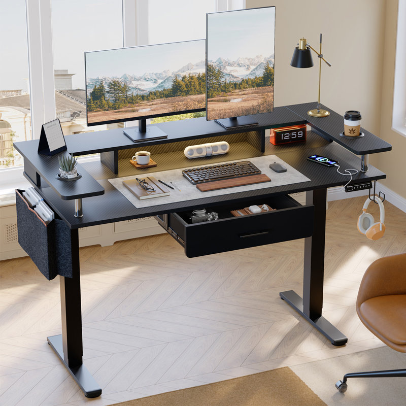 58 In. Rectangular LED Standing Desk With Monitor Stand , Office Desks with Ajustable Height ,Drawer and Cup Holders, Black