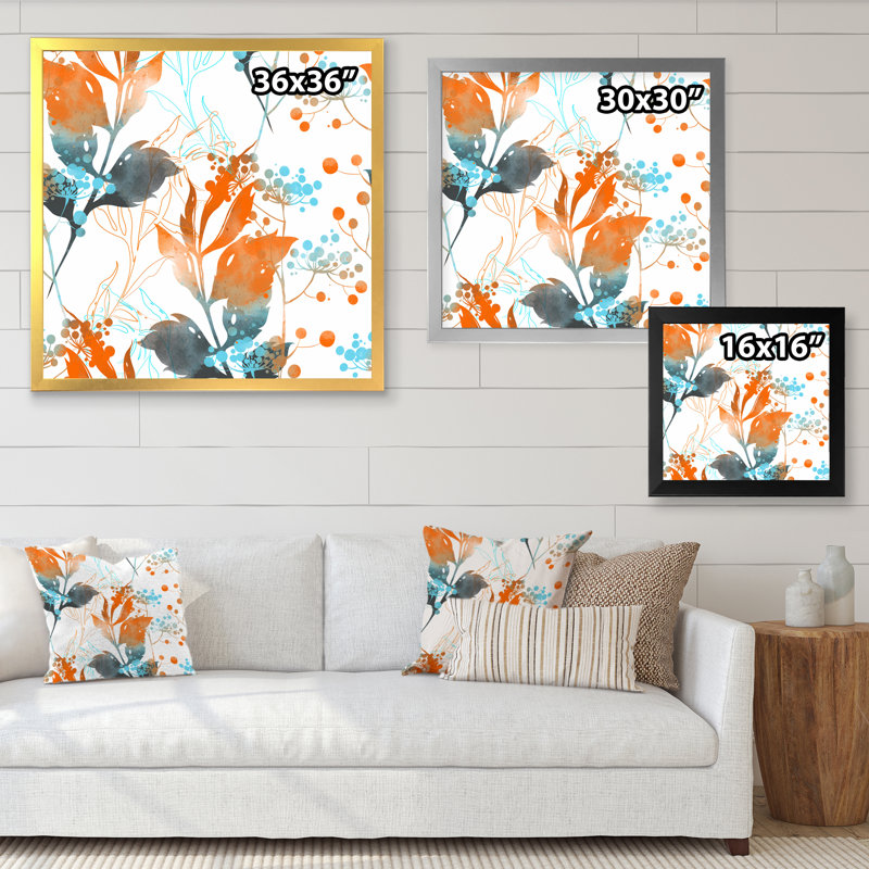 Boho orange et feuilles bleues - reproduction d'art sur toile traditionnelle, H 16 po x l 16 po x P 1 po, Cadre photo argenté