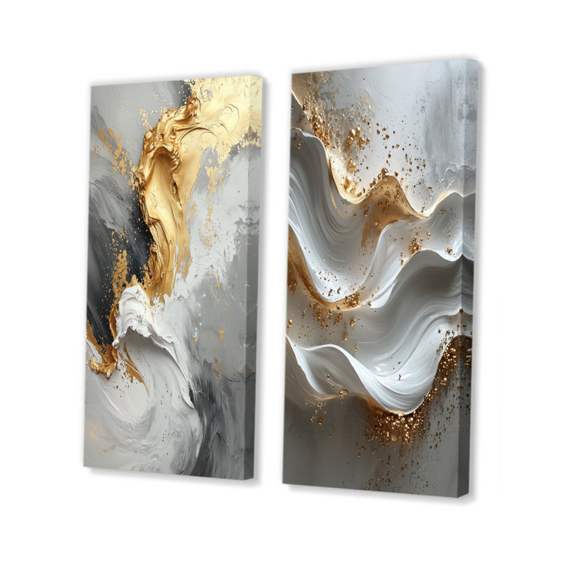 Gris et or abstrait marbre I - ensemble d'art mural en marbre 2 pièces, H 40 po x l 40 po, Toile tendue sur cadre