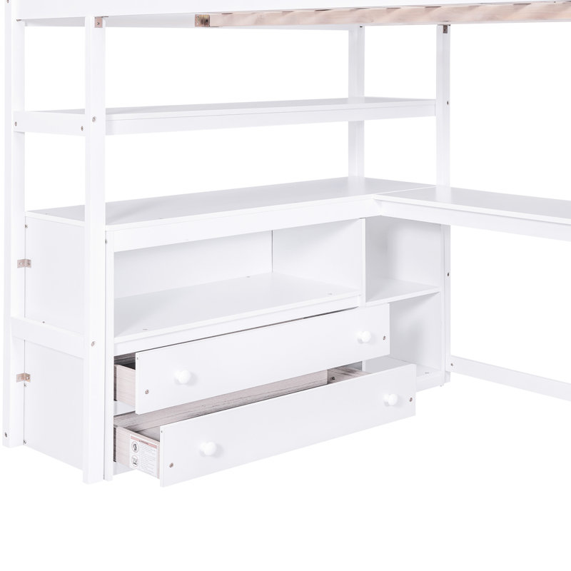 Lit mezzanine double pleine grandeur avec bureau, tablettes et rangements, Lit double, Blanc