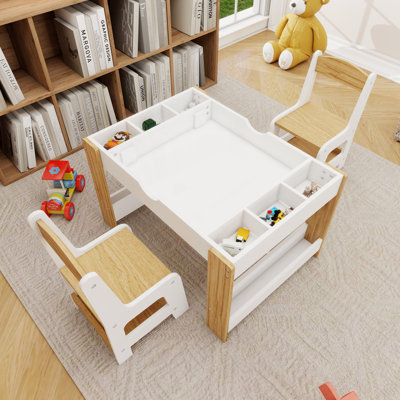 Kids 2 in 1 Play Table & 2 Chairs Set,with 7 Storage Compartments,Compatible with LEGO Building Block,Modern Activity Learning Table Game Furniture-Wh