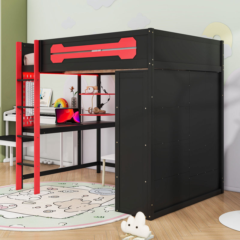 Full Size Wood Loft Bed with RGB Lighting and Desk, Red