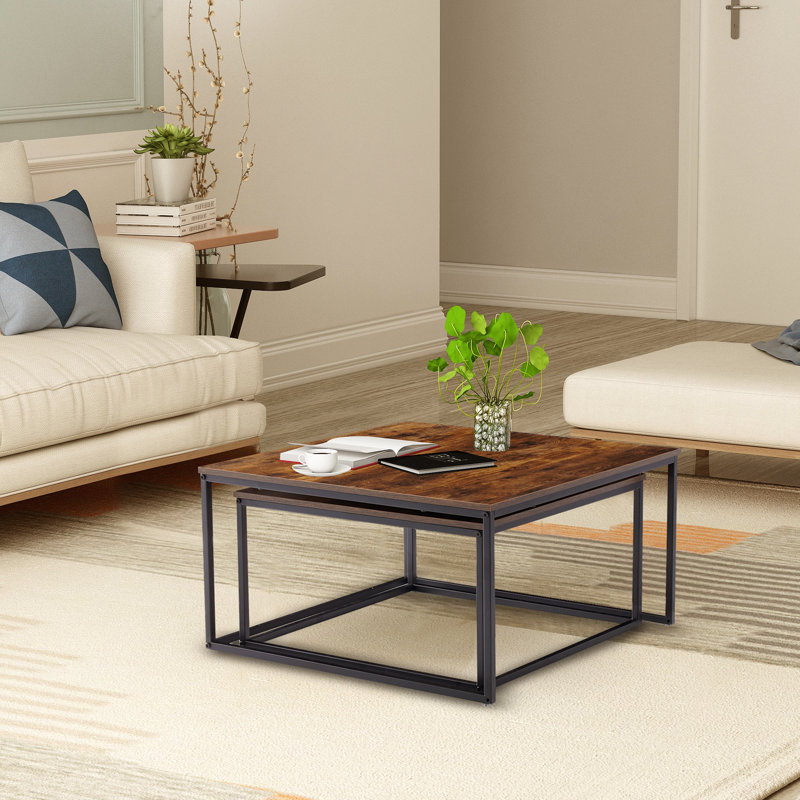 Rustic Brown and Black Square Wood Metal Nesting Coffee Tables, 2 Piece Set