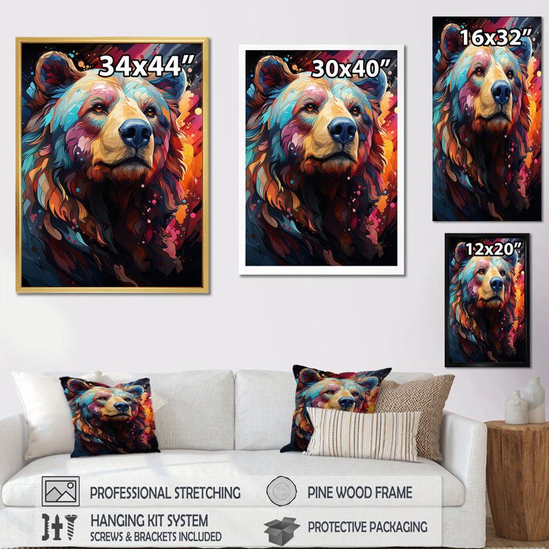 «Pop Art Grizzly Bear popularité I» sur toile, Encadrement doré, H 20 po x l 12 po x P 1 po