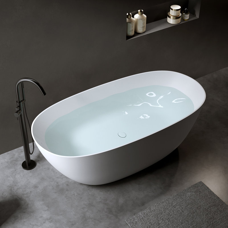 Freestanding Soaking Bathtub 61", Solid Surface Resin Stone, Modern W/overflow & Pop-up Drain, White, Matte White