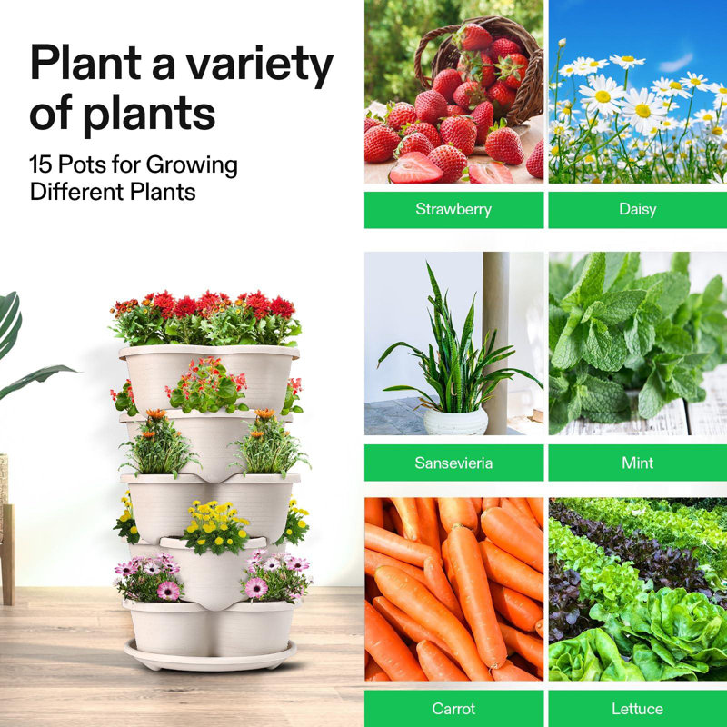 Jardinière empilable verticale à 5 niveaux pour fraises, fleurs, herbes, légumes et ivoire