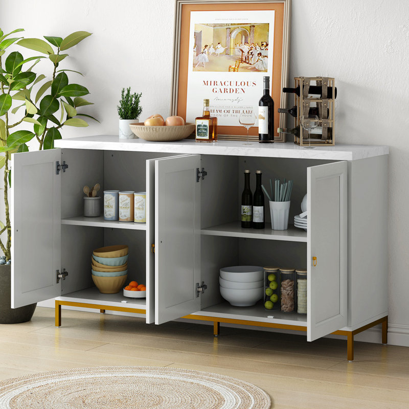 Buffet Tynisia avec espace de rangement très grand avec poignées en métal et pieds de support, Gris clair