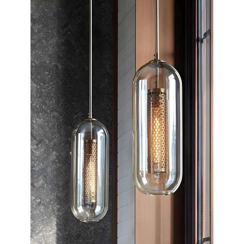 Ribbed Glass Pendant Light - Metal Mesh and Glass Tube Lantern Design