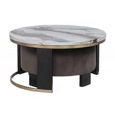 Nesting Coffee Table Set Of 2, Faux Marble Top Round Coffee Table With Ottoman, Modern Living Room Sofa Side Table, Brown/Gold