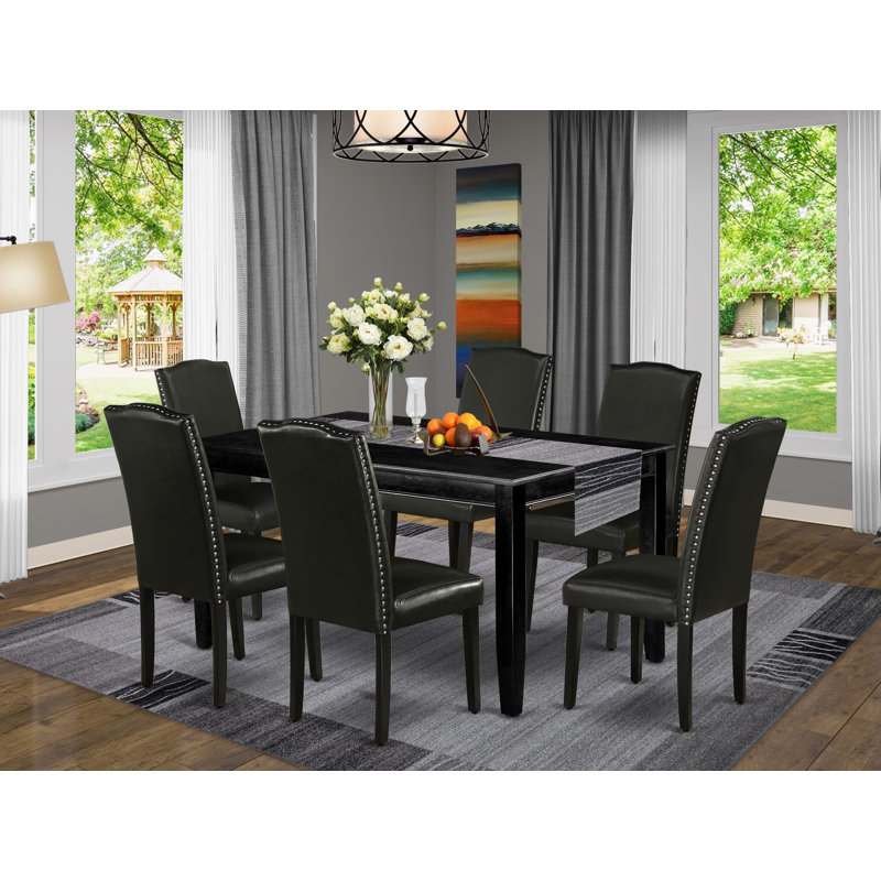 Ensemble de table de salle à manger 7 pièces composé d'une table de cuisine rectangulaire et de 6 chaises Parson en similicuir noir
