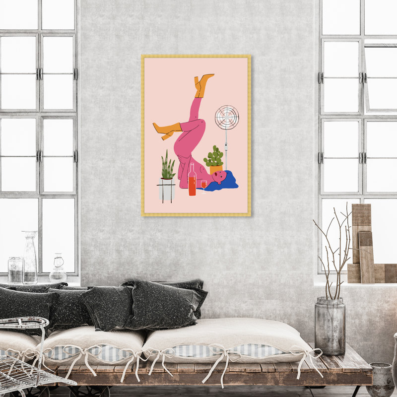 Rose, pose - peinture, H 45 po x l 30 po, Papier avec cadre doré